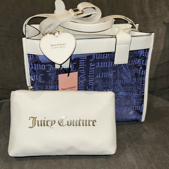 JUICY COUTURE 2Pc Set Heart Dazzling Clear Blue Beachin Large Tote and Pouch NWT - Picture 1 of 11